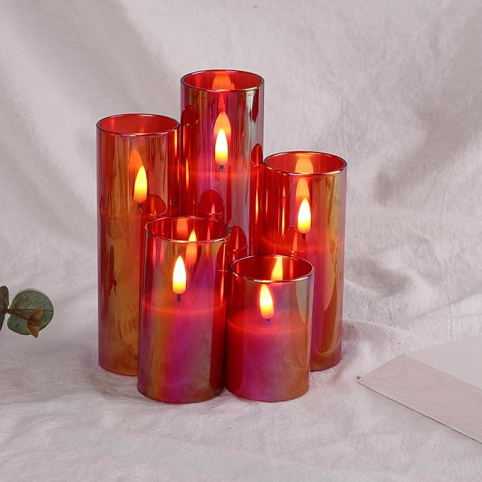 Eywamage Red Glass Flameless Candles with Remote Batteries, Flickering Slim Tall LED Pillar Candles Set of 5