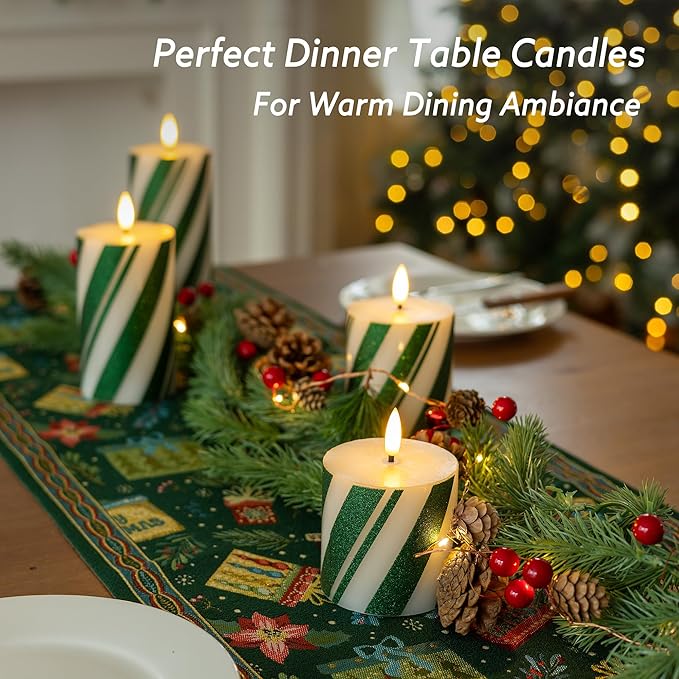 Green Striped Flameless Pillar Candles with Remote Set of 4, Battery Operated Real Wax LED Candy Cane Candles, Perfect for Christmas Window, Dinner & Holiday Xmas Decor