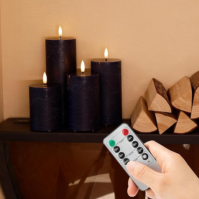 Blue Flameless Pillar Candles, Battery Operated Candles with Remote, Real Wax Flickering LED Candles for Home Party Wedding Holiday Decor, Set of 4, Φ 3" H 4" 5" 6" 8"