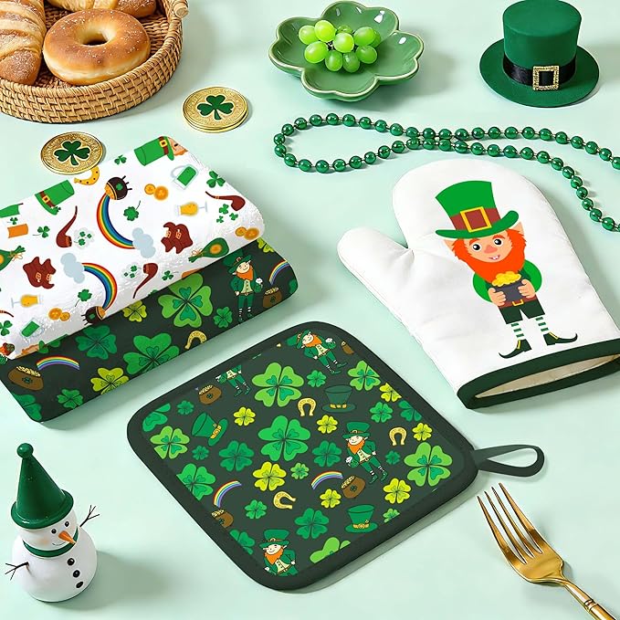 8 PCS St Green Kitchen Decor Sets Irish Leprechaun Shamrock Clover 4 Kitchen Dish Towels 2 Pot Holders 2 Oven Mitt Green Decoration Accessories for Cooking Baking Home Camp Spring