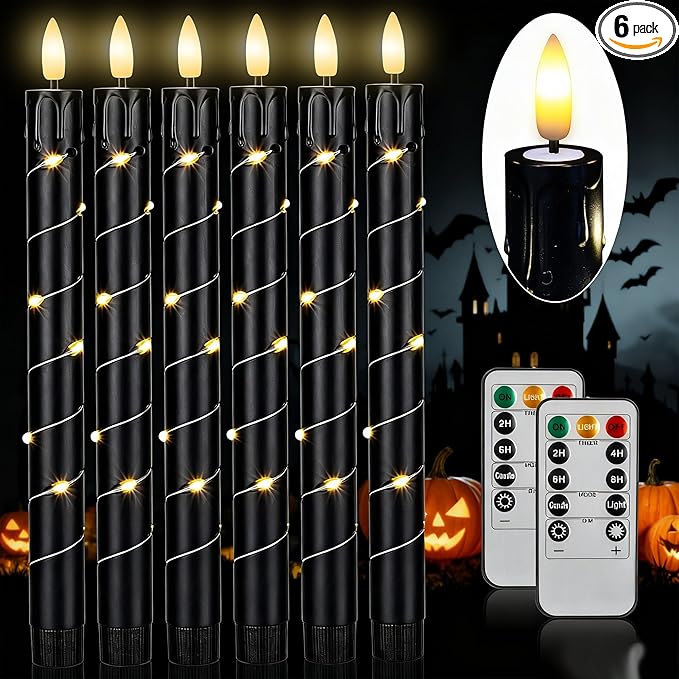 Flameless LED Taper Candles Flickering with Remote & Timer for Halloween Decorations，Battery Operated Candles, Arounded with Starlight String, Party & Home Decoration, Pack of 6,Black