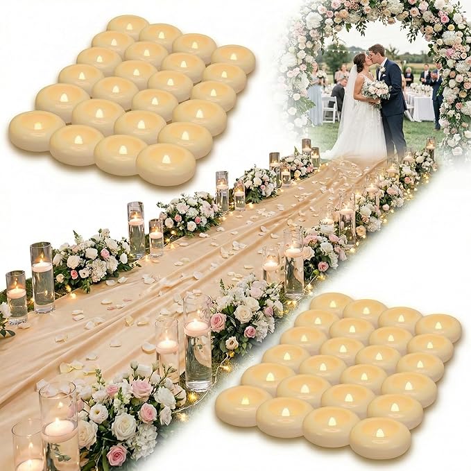 Aignis 48 Flameless LED Floating Candles, 3-Inch Plastic Battery Operated Tealights, Glow Time Over 200 Hours, Cozy Romantic White Light, Suitable for Pool/Bathtub/Hot Bath/Wedding Centerpiece Decor