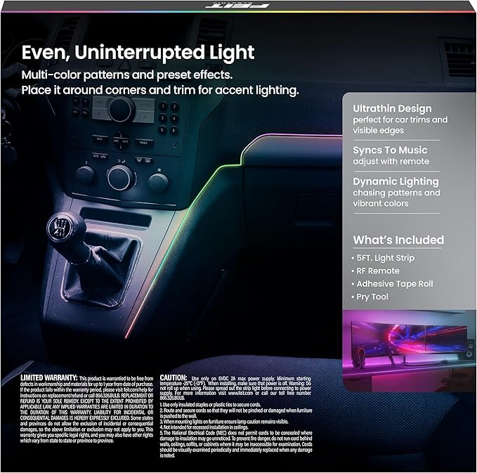 Feit Electric 5ft Indoor LED Light Strip, Dimmable, 0.1-Inch Wide, Multi-Color Chasing, USB-Powered, Filling & Stacking Patterns for Car Dashboards, Desks, Shelves & Furniture, TAPE60/TCOB/RGB/USB
