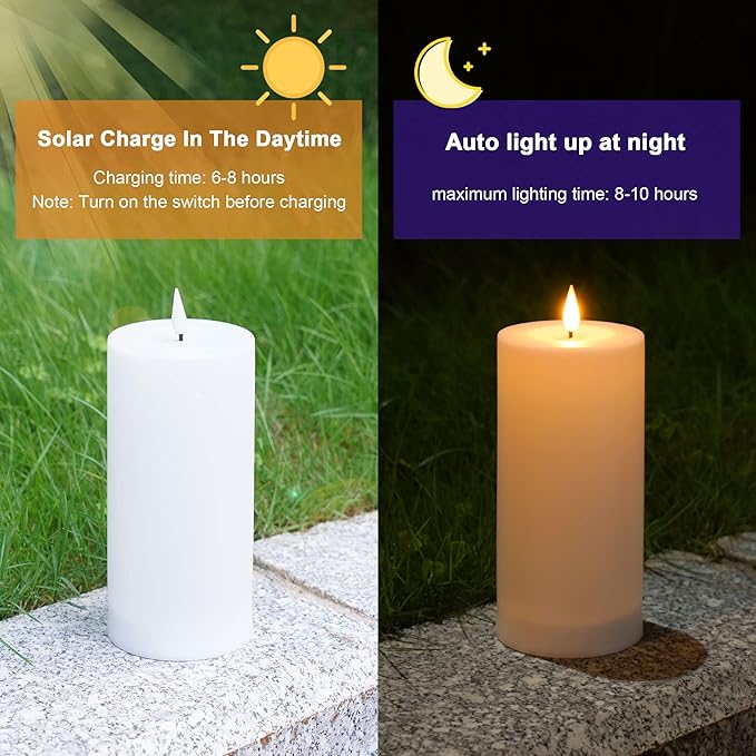Solar Candles Outdoor Waterproof: Flameless Flickering Pillar LED Candles Set of 3 Dusk to Dawn Rechargeable Sensor Lights 3x4/5/6 Inch White