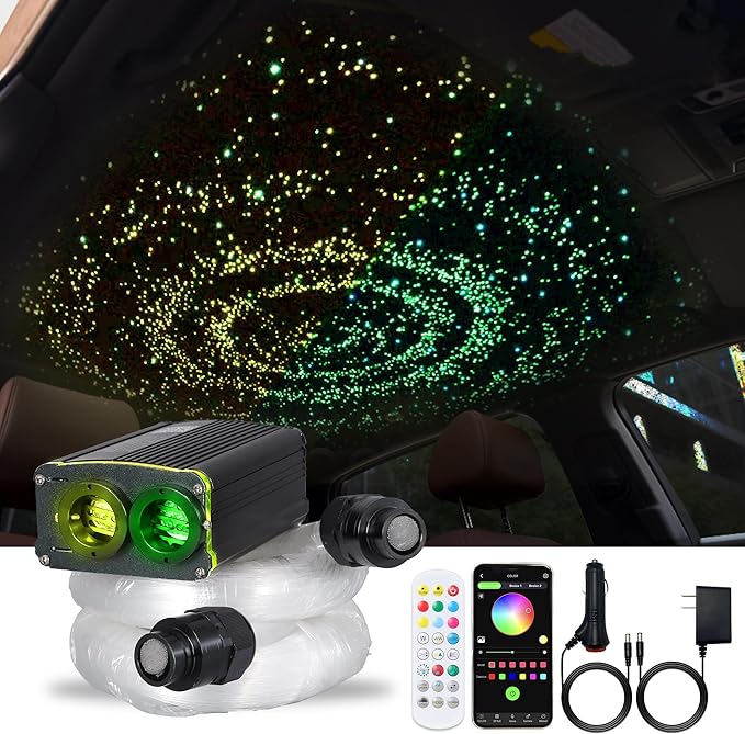 GIDERWEL 20W Dual Port Dual Color Fiber Optic Light Kit,9.8ft/3m 600pcs of 0.03in Optical Fibers Cable,RGBW Twinkle+Sound Activated Fiber Optic Star Ceiling Light Kit for Car Headliner Star/Home
