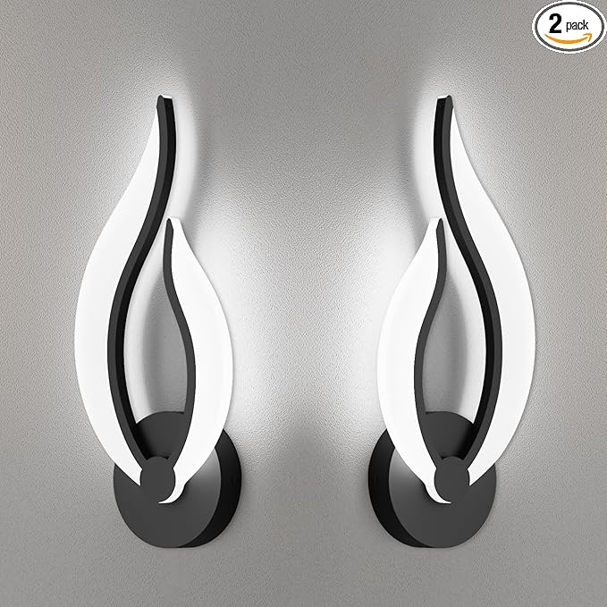 Hard-Wired 2-Pack Modern Indoor Wall Sconce 10W LED Black Dimmable Wall Sconce Set of 2 for Living Room Bedroom Hallway (Cool White Light, 5500K)