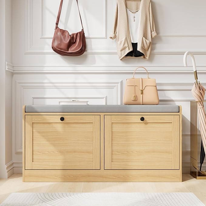 MHOM Oak Modern Entryway Bench with 2 Flip Drawers, Shoe Rack with Padded Seat Cushion, Wooden Storage Bench for Entryway and Hallway