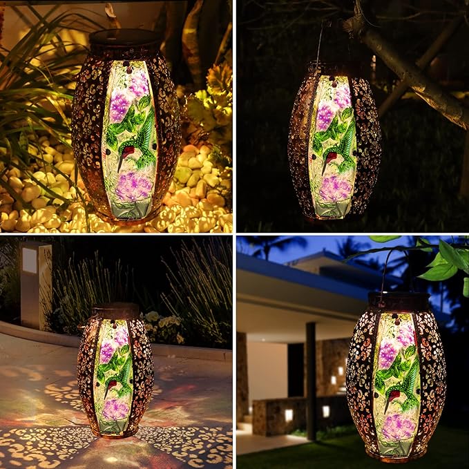 Larekook Hummingbird Solar Lanterns Outdoor Waterproof,13" Metal Hanging Christmas Decorative Lantern,Large Hummingbird Solar Lights for Outside Yard Porch Patio Garden Decor,Birthday Gifts for Women