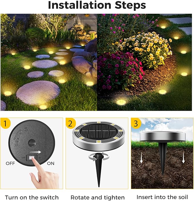 4 Pack Solar Ground Lights Outdoor, 8 LED Mini Flat Solar Disk Lights, IP65 Waterproof Anti-Rust Disc Light, Landscape Lighting for Garden Pathway Yard Walkway Driveway Lawn,Warm White
