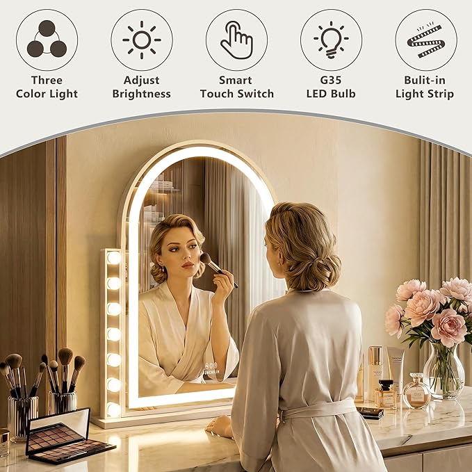 FENCHILIN Arched Vanity Mirror with Lights, 32“ x 26" LED Makeup Hollywood Vanity Mirror with 14 Dimmable Bulbs& LED Strip Smart Touch Control Detachable 10X Magnification White