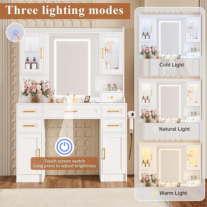 NUNU LAB 42 Inchs Large Vanity Desk with Mirror and Lights with 6 Drawers and 4 Cabinets, Big Women Makeup Table with Power Outlet, 3-Color Adjustable Lighting for Bedroom White