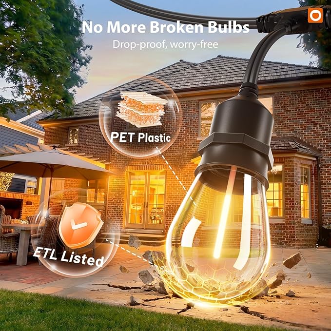 addlon 50FT Outdoor String Lights LED with Remote Dimmable Patio Lights Waterproof Shatterproof Edison Bulb for Outside Backyard Porch Garden Bistro Pergola Party Decor, Warm Ambience Lighting
