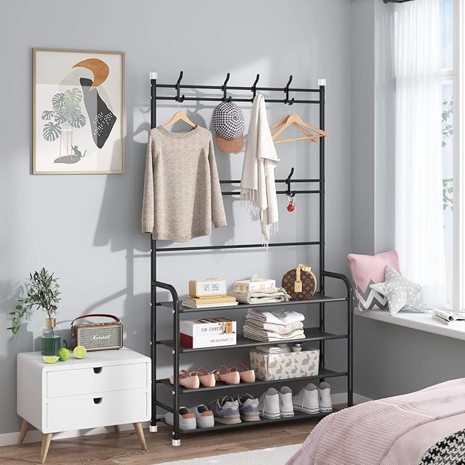 UDEAR Entryway Coat Rack,3-in-1 Hall Tree Multifunctional Storage Shelf with 4-Tier Shoe Bench and 8 Hooks,16-20 Pairs of Shoes,Easy Assembly,for Entrance Foyer Bedroom Barthroom,Black