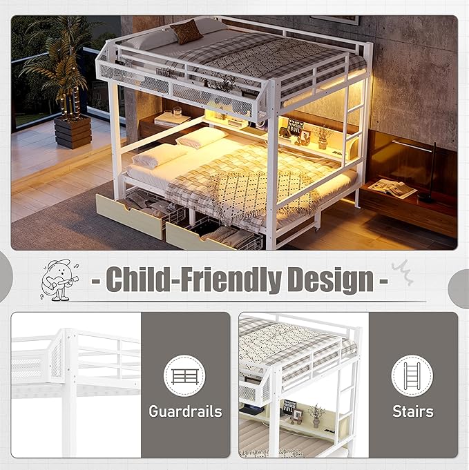 Bellemave Queen Over Queen Metal Bunk Bed with Storage Drawers and Shelves, Heavy Duty Bunk Beds with LED Lights and Charging Station for Kids,Adults,Convertible into a Sofa Bed,White