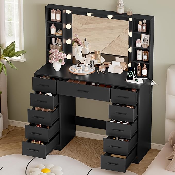 Makeup Vanity with Drawers, 43" Black Vanity Desk with Mirror and Lights, 11 Drawers & 4 Shelves, Power Outlet & Adjustable LED Lights, Dressing Table for Women & Girls Bedroom