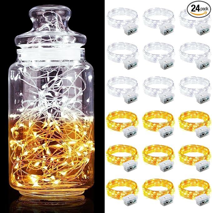 Aogist 24 Pack Fairy Lights 3 Modes 7ft 20 LED Waterproof,Battery Operated Silver Wire Firefly Starry Moon Mini String Lights for Mason Jars Christmas DIY Crafts Party Bedroom,Cool White&Warm White