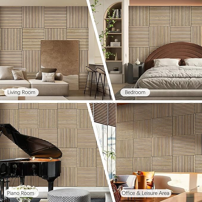 Acoustic Wood Panels for Wall 4-Pack - Natural Oak Veneer Soundproof Panels for Home & Office, 23.6" Wood Wall Panels with Noise Reduction (23.6" W x 23.6" L)