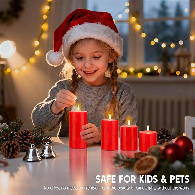 Red Flameless Pillar Candles, Battery Operated Wax Candles with Remote, Flat Top Flickering Christmas LED Candle Decorations for Xmas, Home, Party Decor, Set of 4