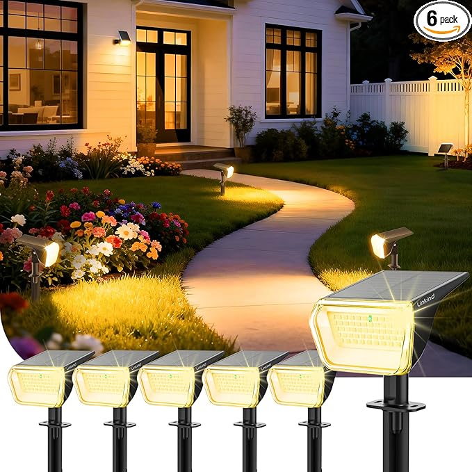 Linkind Solar Spot Lights Outdoor Waterproof IP67, 60 LED Solar Flood Lights 30% High Conversion Landscape Lighting for Garden Yard Pathway (6 Pack, Warm White)