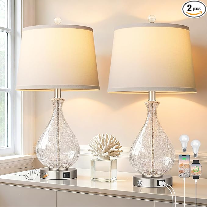 QiMH Glass Table Lamps for Living Room, Bedside Lamps Set of 2 with USB A+C Charging Ports, 3 Way Dimmable Touch Lamps for Nightstand, 22.5" Modern Table Lamp for Bedroom Office, LED Bulbs Included