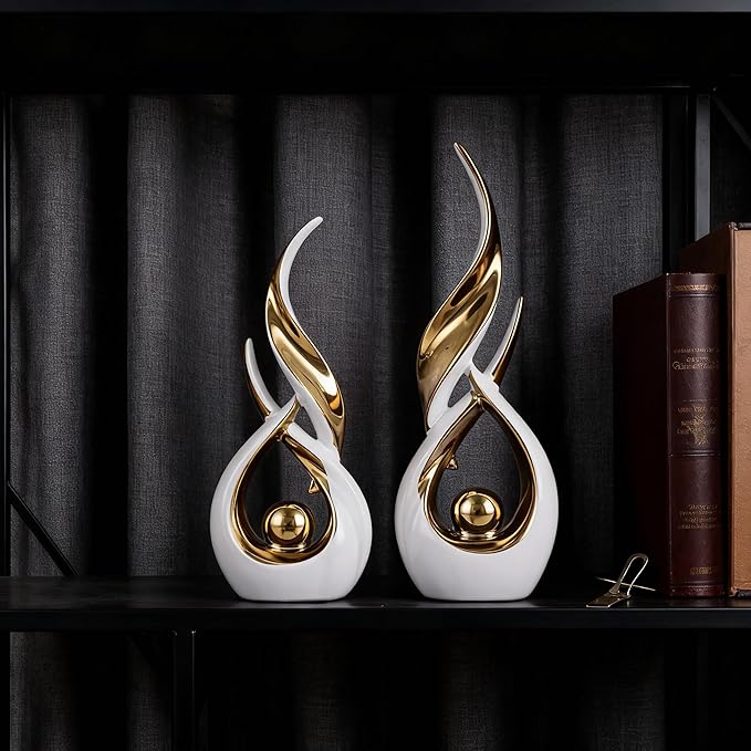 2-Piece Abstract White and Gold Home Decor, Ceramic Abstract Sculpture, Modern Art Piece, Suitable for Room Coffee Table Countertops, Office Bookshelves, Dining Table Centers, Entryway Decor.