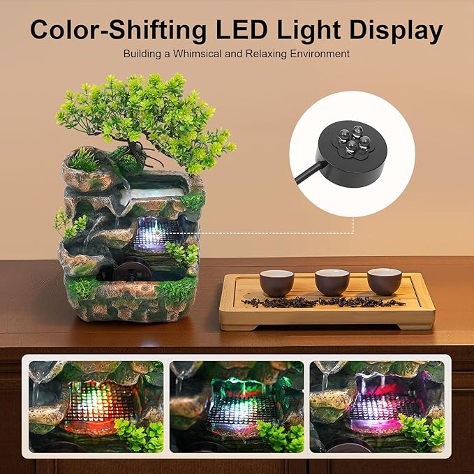 Desk Waterfall Fountain, Water Fountains Indoor Bonsai Desktop Ornament with LED Light, Zen Meditation for Home Office Bedroom Atomizing Humidifier Desk Decoration