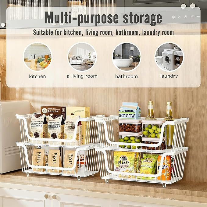 GAOKASE 6 Pcs Stackable Wire Baskets for Pantry Organizers and Storage,Vegetable Fruit Basket for Countertop,Kitchen Storage Metal Baskets,Produce Potato Onion Storage Bin,White