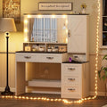 Farmhouse Vanity Desk Makeup Table with Mirror and 10 Lights, 45.3" Large Vanity Desk with Power Outlet, 5 Drawers, 1 Cabinet & 9 Jewelry Hooks, Dressing Table for Women Girls White & Black