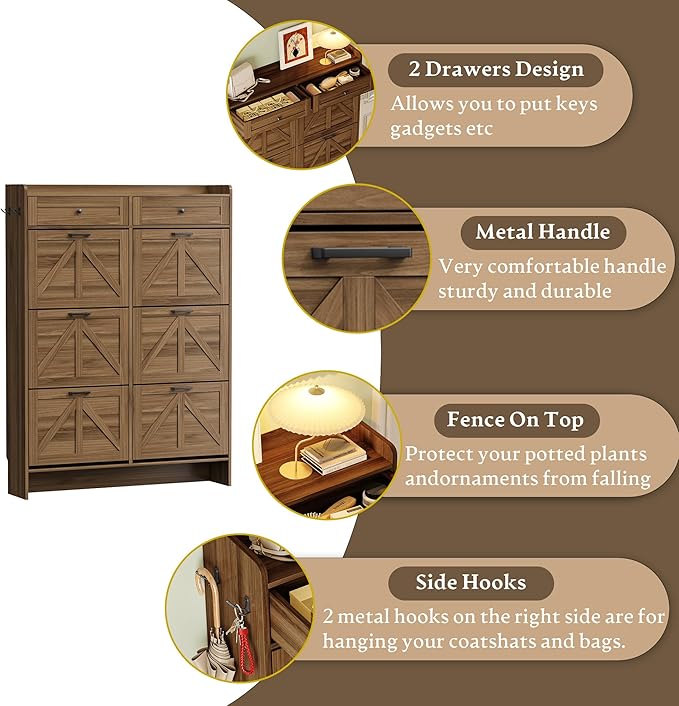 Shoe Cabinet for Entryway, Farmhouse Shoe Storage Cabinet with 6 Flip Drawers and 2 Top Drawers, Tall Narrow Shoe Organizer Cabinet with Adjustable Shelves, Side Hooks and Anti-Tip Kit