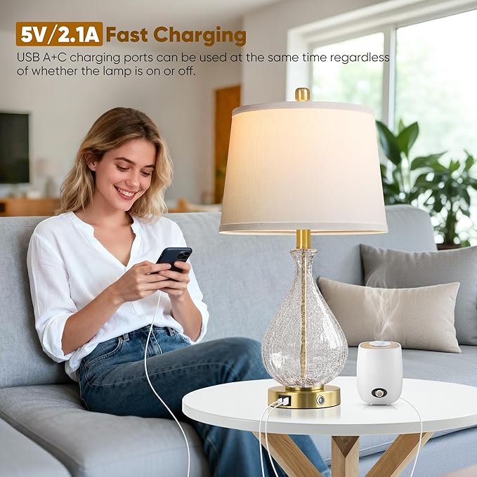 QiMH Glass Table Lamps for Living Room, Bedside Lamps Set of 2 with USB A+C Charging Ports, 3 Way Dimmable Touch Lamps for Nightstand, 22.5" Modern Table Lamp for Bedroom Office,Gold(Bulb Included)