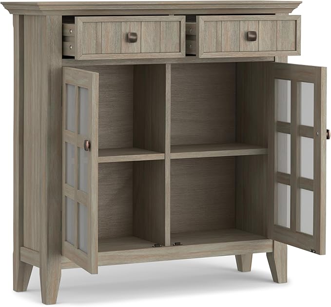 SIMPLIHOME Acadian Solid Wood 48 inch Wide Storage Bench that Seats 2 and 36 inch Wide Storage Cabinet in Distressed Grey for the Living Room, Entryway, and Family Room, Transitional Style