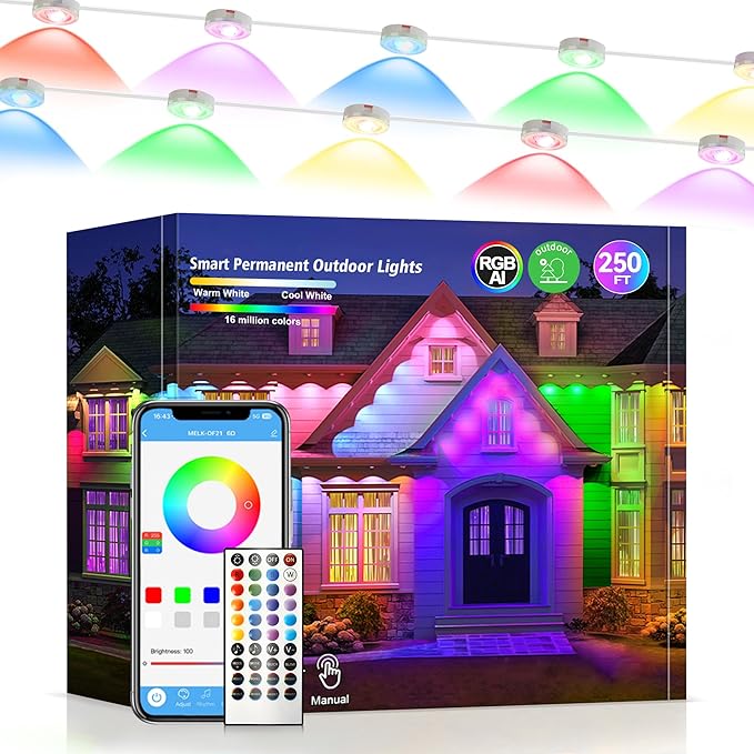Permanent Outdoor Lights 250ft RGB+IC Outdoor String Lights App Control IP67 Waterproof,100 Scene Modes Decorations for Home,Christmas,Halloween,Holiday, Daily,Birthday Decor
