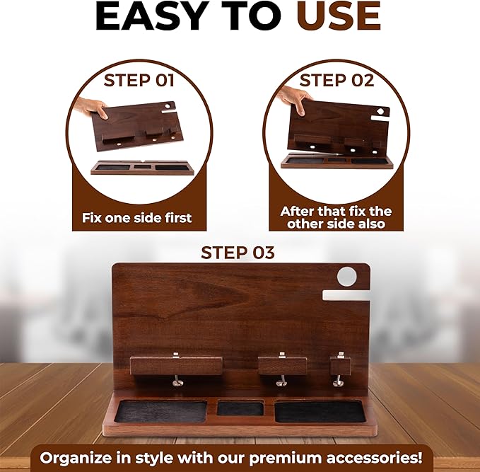 Wooden Nightstand Organizer - Nightstand organizer for men - Phone Key Stand - Mens nightstand organizer with hidden wire grooves - Nightstand Docking Station with felt lining