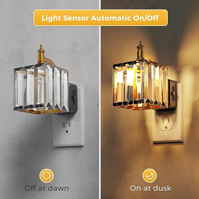 L LOHAS LED Night Light, 2 Pack Night Lights Plug into Wall, 3000K Soft White LED, Crystal Night Lights with Dusk to Dawn Sensor, 0-100lm Adjustable Brightness, for Hallway Bedroom Stairway