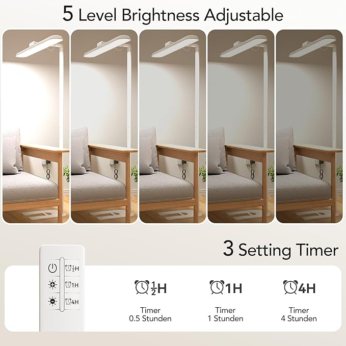 Eye-Caring LED Floor Lamp, 63'' Dimmable Timing Standing Light with Remote, Super Bright Natural Daylight Reading Lamp for Bedroom, Study Room, Living Room, Home Office