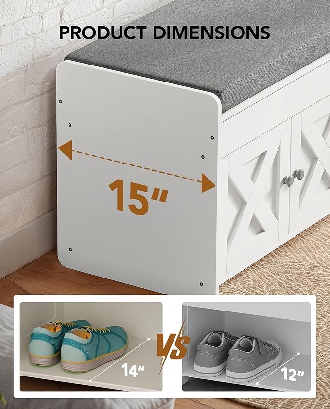 Amada Shoe Storage Bench with Cushioned Seat, 31.5" Small Entryway Bench with Lift Top Storage, Adjustable Shelves, 300 lb Capacity Shoe Bench for Entryway, Bedroom, Living Room, Classic White