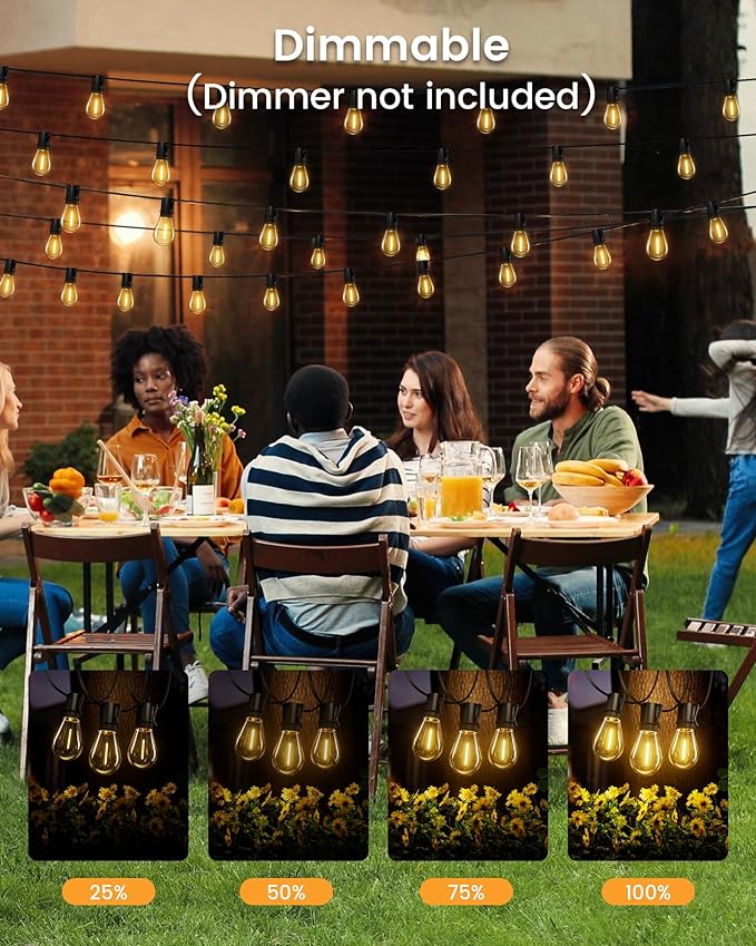 Torkase Solar String Lights Outdoor, 120FT 30+2 Shatterproof S14 LED Bulbs, Waterproof, USB Rechargeable, 2200K Warm White, Energy-Saving Hanging Patio Lights for Garden, Porch, Bistro, Deck, Market