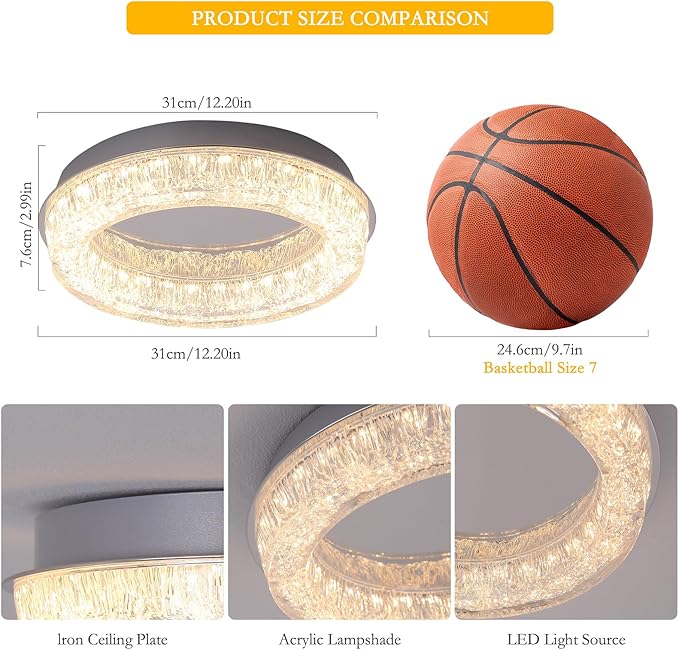 Qcyuui Flush Mount Ceiling Light 12.2in Modern LED Ceiling Light Round LED Light Fixture with Acrylic Lampshade Ceiling Lamp for Bedroom Kitchen Entryway Hallway Foyer,Chrome,3000K