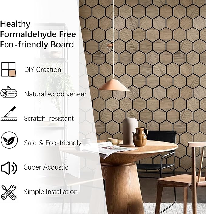 Wall Paneling for Interior Wall - 4 PCS Hexagon Wall Panels - Hexagon Acoustic Panels - Natural Walnut Wood Veneer Sound Proof Panels for Walls, Wood Slat Wall Panel 23.8" W x 29" L