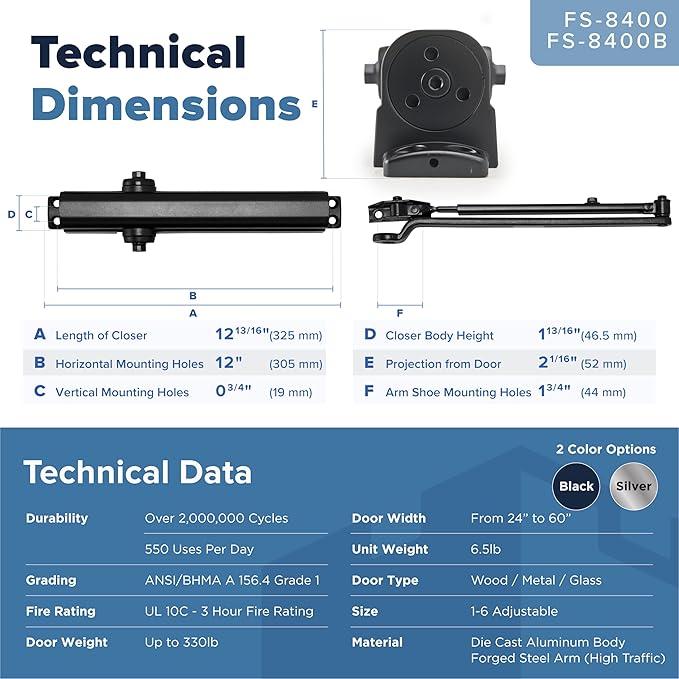 Commercial Door Closer – Black Heavy Duty Grade 1 Automatic Door Closer for Commercial Use - Auto Hydraulic Spring Hinge - FS-8400 UL Listed, ADA Adjustable Spring Closure Arm No Slam Self Closing