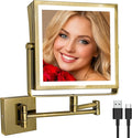 Ruacq Rechargeable Wall Mounted Makeup Mirror with Lights, Double Sided 1X/10X Magnifying Vanity Mirror with 3 Color Lights, Touch Screen Dimmable, 360° Rotation Extension Foldable Arm(Antique Brass)