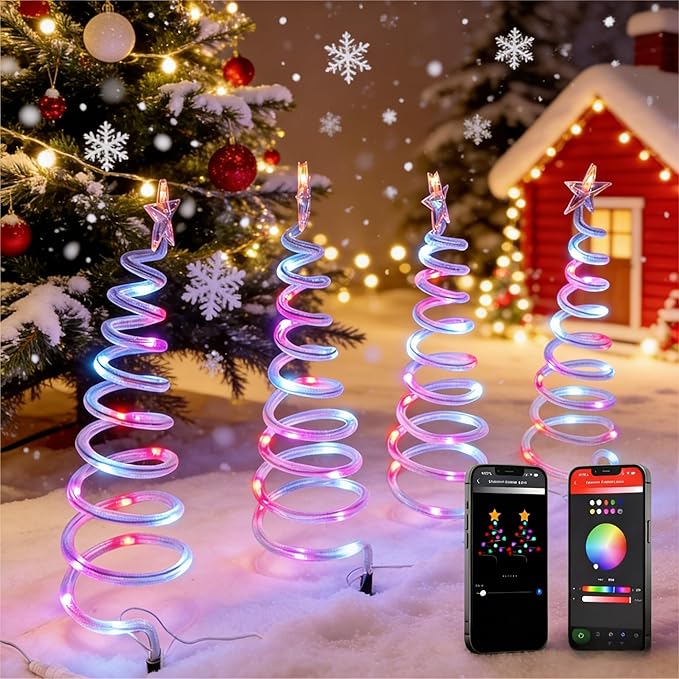 4 Pack Smart Spiral Pathway Lights Outdoor, DIY RGB Color Changing, 80+ Lighting Modes, Remote & App Control, Timer, IP67 Waterproof Landscape Path Lights for Holiday Yard, Garden & Patio Decor Lights