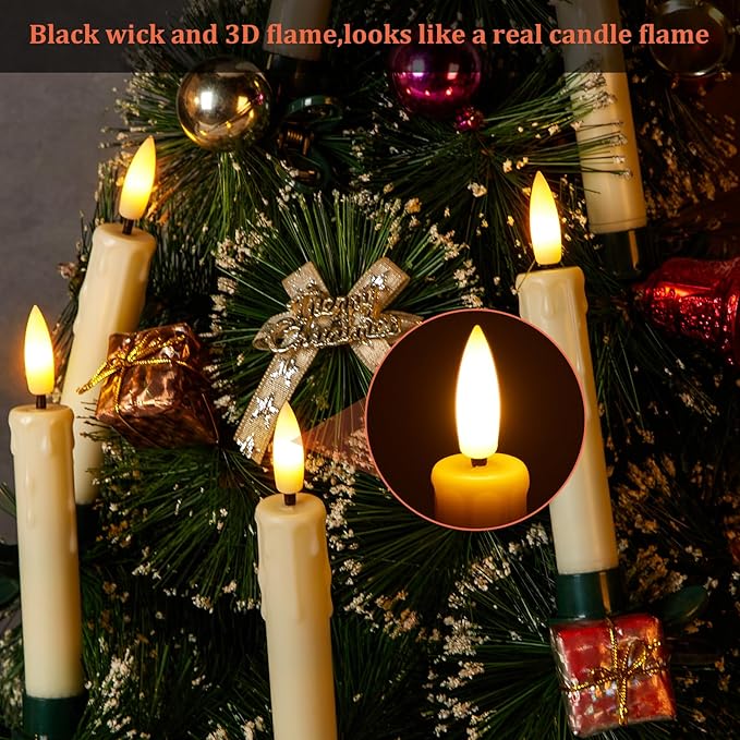 IMAGE 12Pcs LED Taper Candles Light Set 5.3 inches Dripping Flameless 3D Wick Ivory Candles with Clip-on Christmas Tree Design, 10-Key Remote with Timer, Warm White Light Battery Operated for Decor