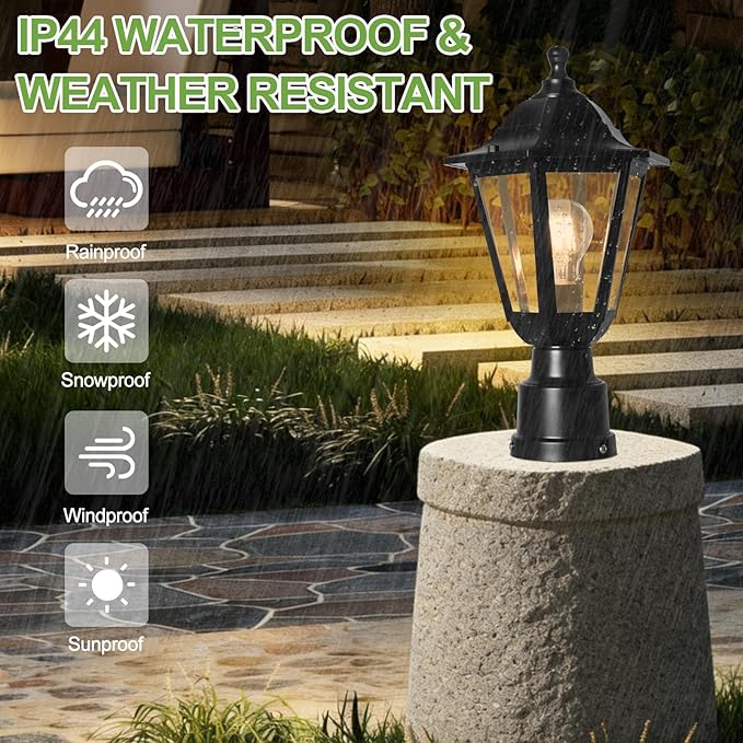 FUDESY Outdoor Post Light, Exterior Lamp Post Light Fixture with Pier Mount Base, Waterproof Pole Lantern Lighting with E26 Socket, Matte Black Plastic Lamp for Garden Patio Pathway(Bulb Included)