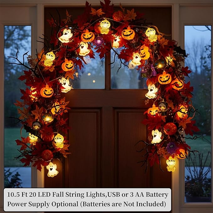 Halloween String Lights, 10 FT 20 LED Fall Fairy Lights USB & Battery Optional Halloween Decor Autumn Light 8 Flashing Modes Cute Skull String Lights 2025 Indoor Outdoor Decor for Home Yard Patio