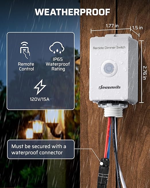 DEWENWILS Wireless Dimmer Switch Kit, Single Pole Outdoor Wireless Light Switch and Receiver Kit, No Wiring, No WiFi, 100FT Remote Control Switches for Outdoor Lighting
