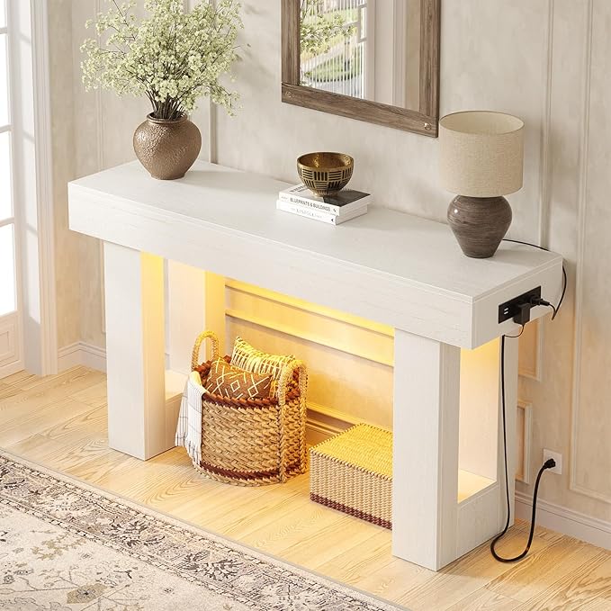 Unikito 47" Entryway Table with Socket and Sensor Light, Narrow Console Table with Storage Behind Couch, Farmhouse Entry Way Tables with Open Storage for Entrance/Hallway/Living Room, Antique White
