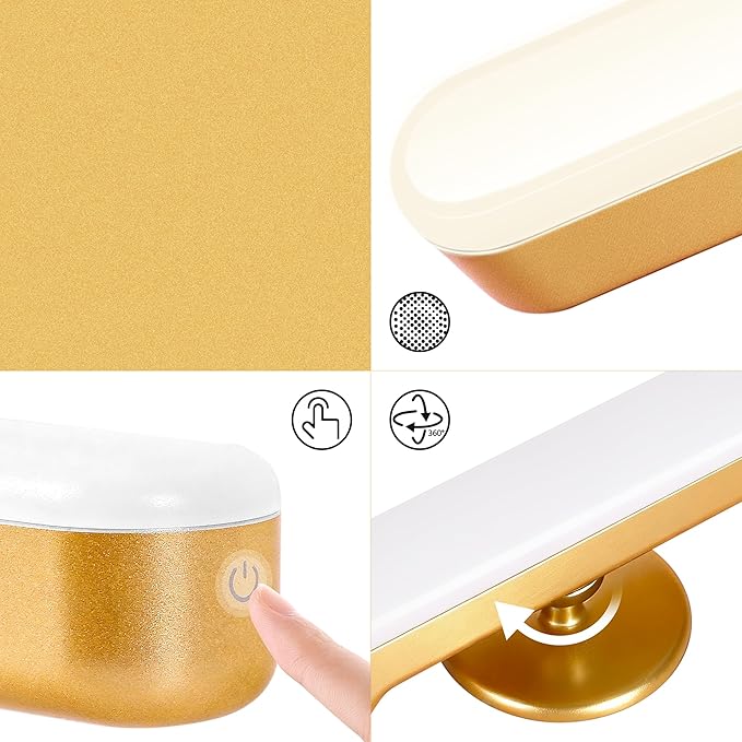 Set of 2 Wireless Vanity Makeup Lights for Mirror, Rechargeable LED Stick On Light Bar for Bathroom Mirror with Dimmable 3 CCT, Long Battery Life Cordless Light for Vanity Desk(Gold)