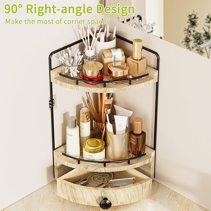 2-Tier Corner Bathroom Countertop Organizer with Drawer, Wooden Vanity Organizers for Makeup and Skincare Storage, Corner Counter Shelf with Embedded Screw Holes, Light Brown