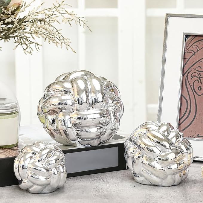 Wenqik Silver 3 Pcs Knot Decor, Chain Link Coffee Table Bookshelf Decor Accents, Entry Table Ceramic Aesthetic Minimalist Decorative Objects for Modern Home Living Room Decoration 3 Sizes